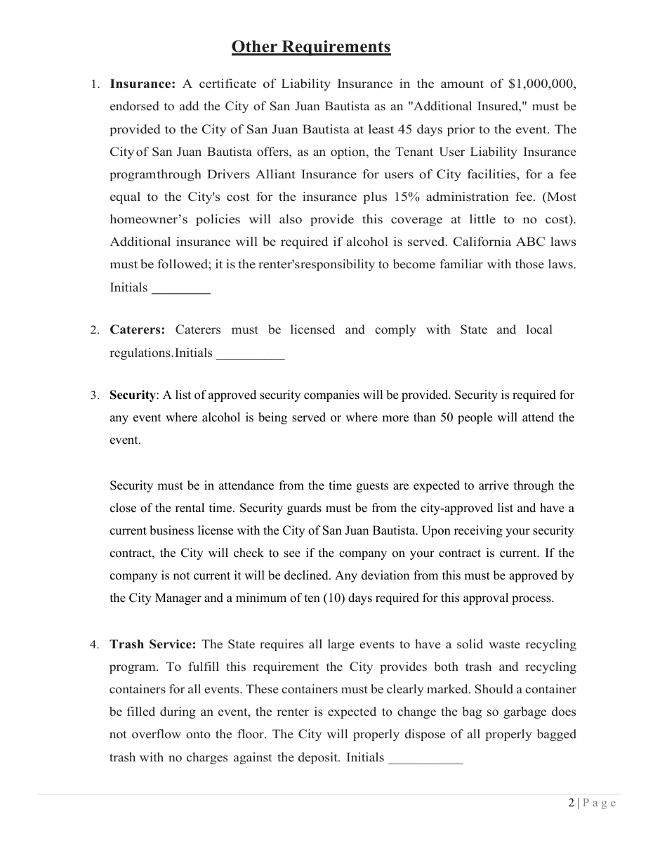 Hall Use Agreement - City of San Juan Bautista, California, Page 5