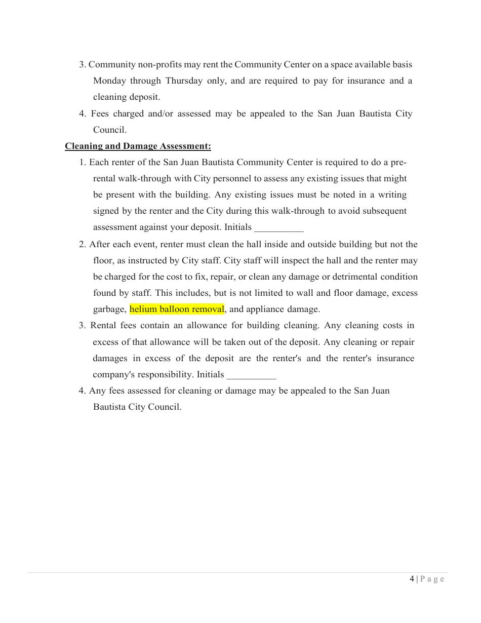 Hall Use Agreement - City of San Juan Bautista, California, Page 7