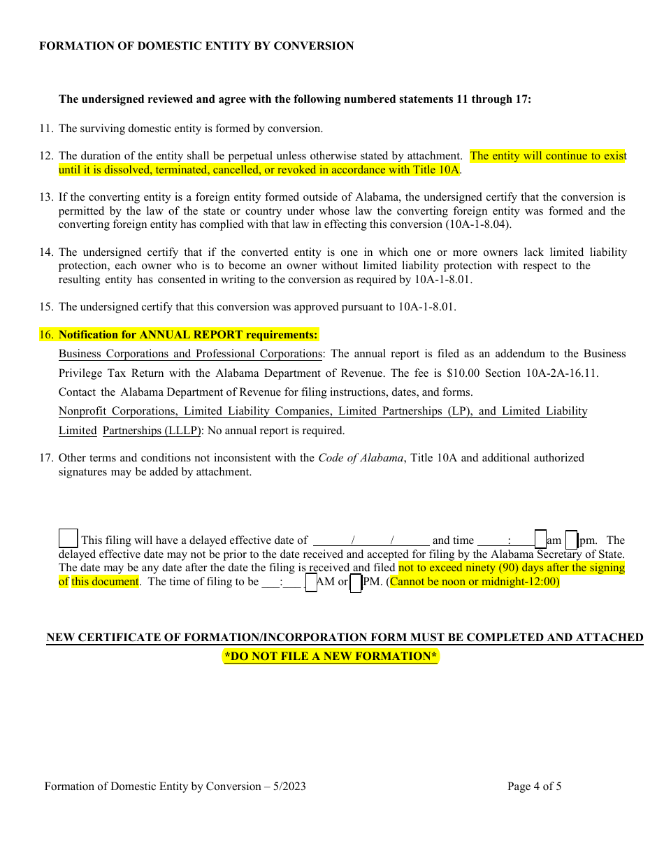 Statement of Conversion Foreign or Non-registered Alabama Entity to Registered Domestic Entity (Formation of Domestic Entity by Conversion) - Alabama, Page 4