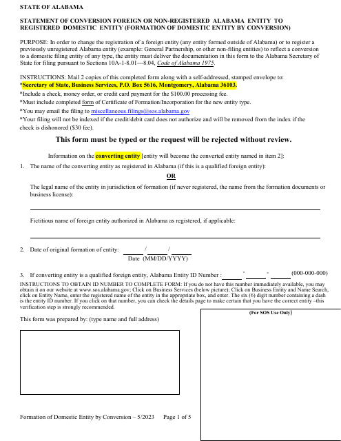 Statement of Conversion Foreign or Non-registered Alabama Entity to Registered Domestic Entity (Formation of Domestic Entity by Conversion) - Alabama Download Pdf