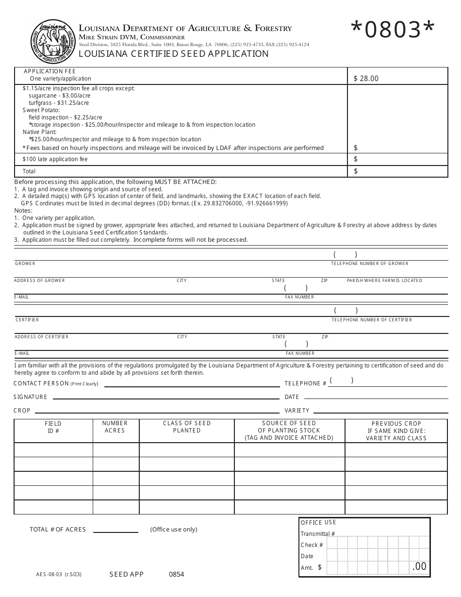 Form AES-08-03 Louisiana Certified Seed Application - Louisiana, Page 1