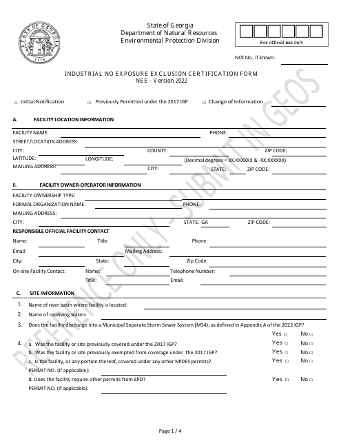 Industrial No Exposure Exclusion Certification Form - Georgia (United States), 2022