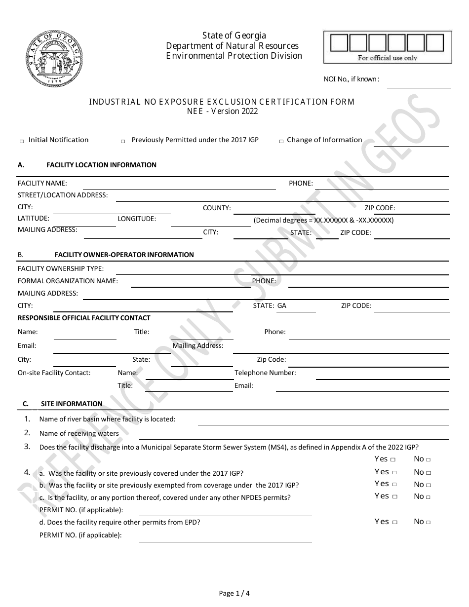 Industrial No Exposure Exclusion Certification Form - Georgia (United States), Page 1
