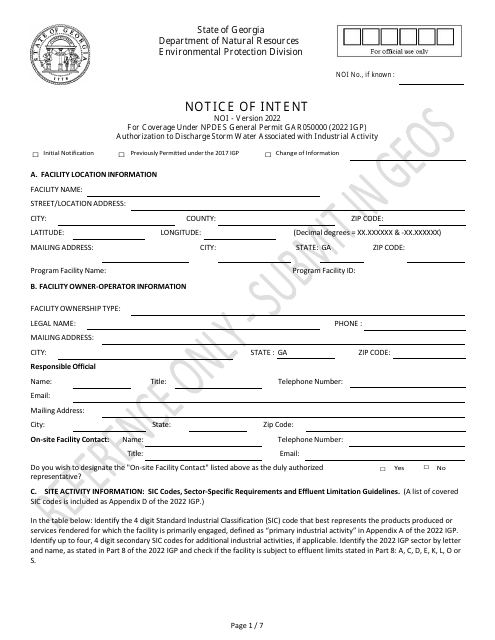 Notice of Intent for Coverage Under Npdes General Permit Gar050000 Authorization to Discharge Storm Water Associated With Industrial Activity - Georgia (United States) Download Pdf