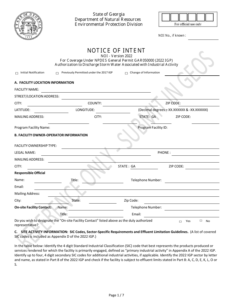 Notice of Intent for Coverage Under Npdes General Permit Gar050000 Authorization to Discharge Storm Water Associated With Industrial Activity - Georgia (United States), Page 1