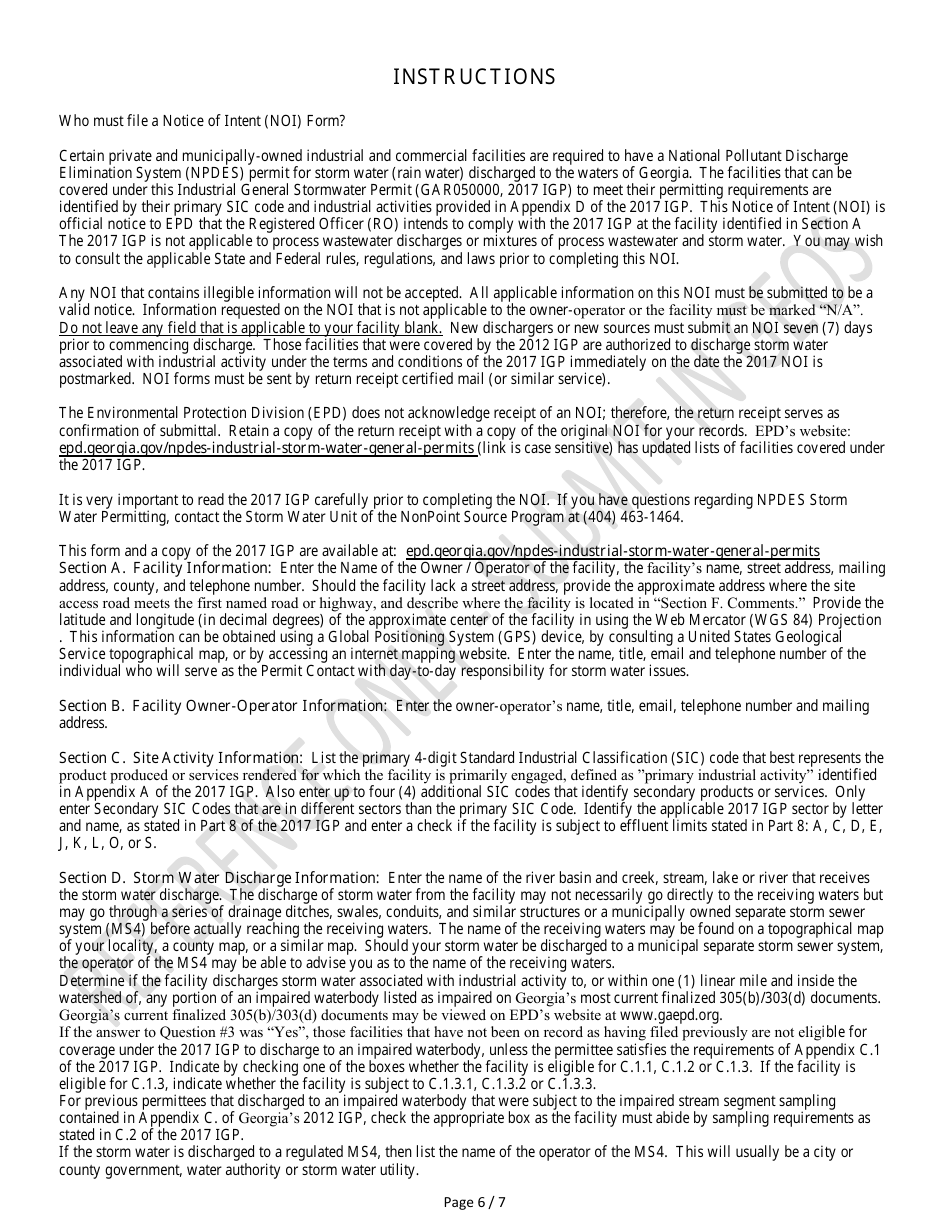Notice of Intent for Coverage Under Npdes General Permit Gar050000 Authorization to Discharge Storm Water Associated With Industrial Activity - Georgia (United States), Page 6