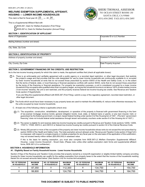 Form BOE-267-L Welfare Exemption Supplemental Affidavit, Housing - Lower Income Households - Santa Cruz County, California
