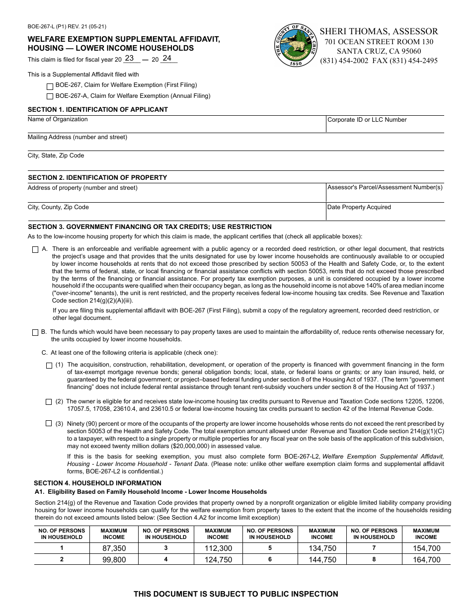 Form BOE-267-L Welfare Exemption Supplemental Affidavit, Housing - Lower Income Households - Santa Cruz County, California, Page 1