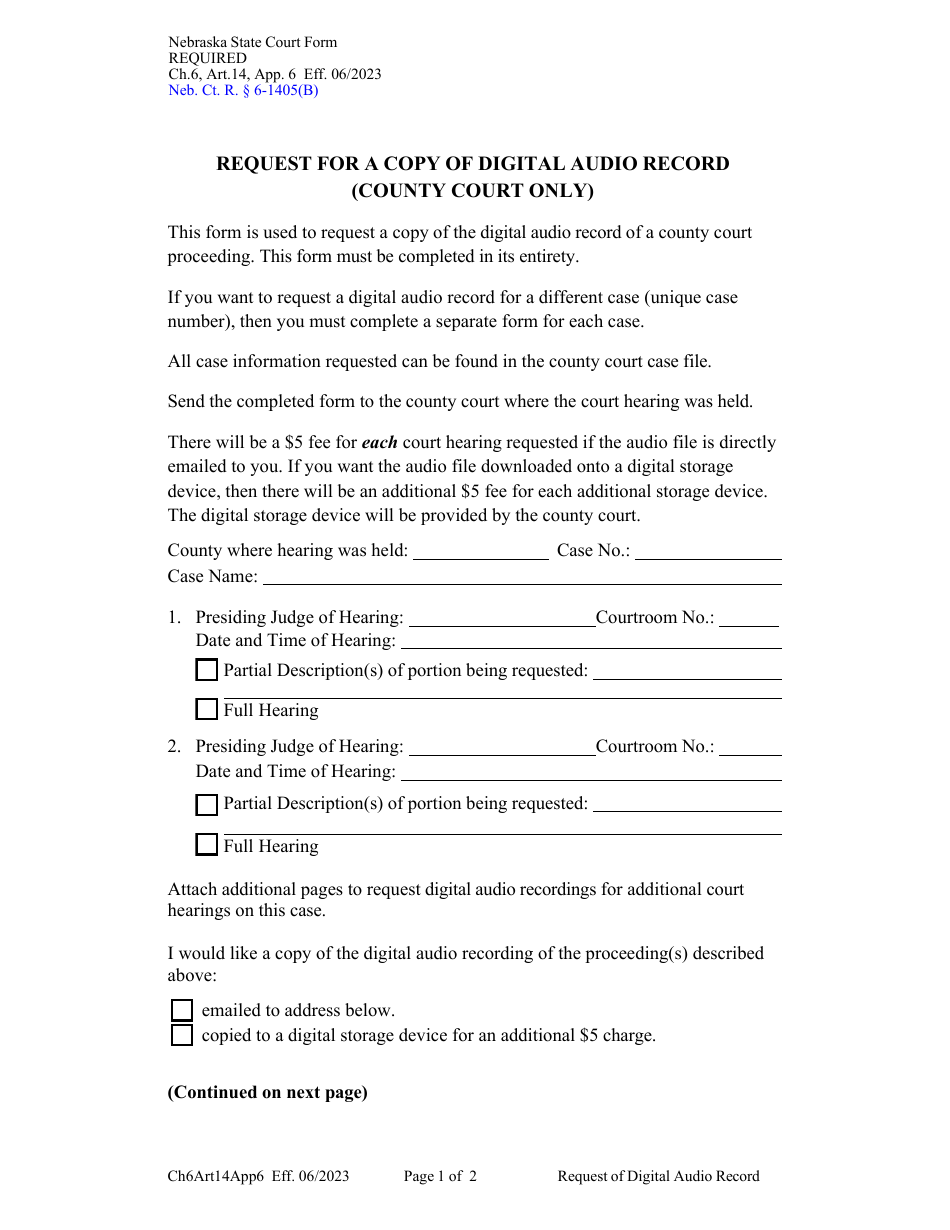 Form CH6ART14APP6 Request for a Copy of Digital Audio Record (County Court Only) - Nebraska, Page 1