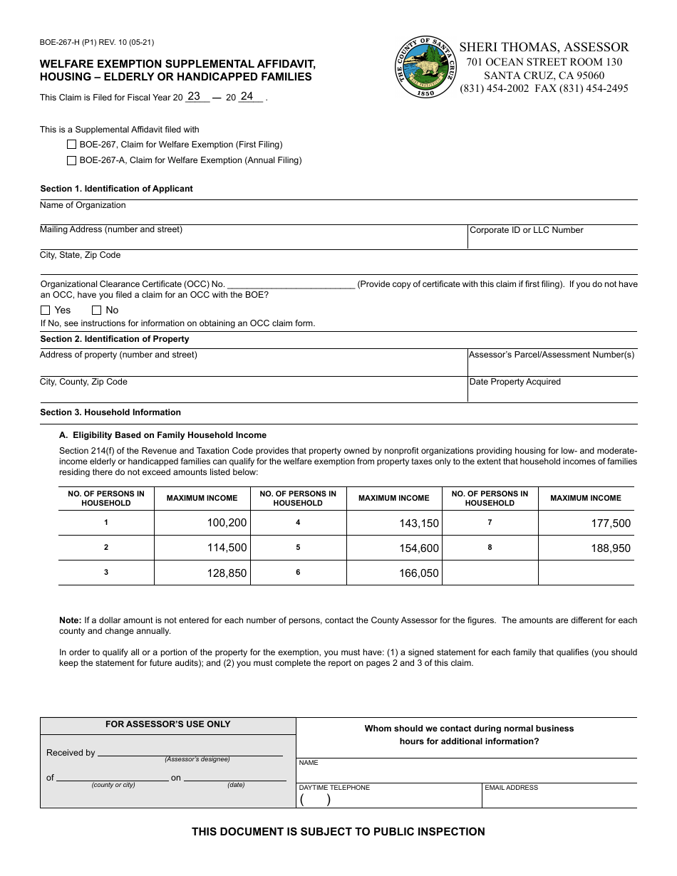 Form BOE-267-H Welfare Exemption Supplemental Affidavit, Housing - Elderly or Handicapped Families - Santa Cruz County, California, Page 1