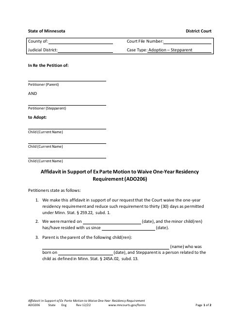 Form ADO206 Affidavit in Support of Ex Parte Motion to Waive One-Year Residency Requirement - Minnesota