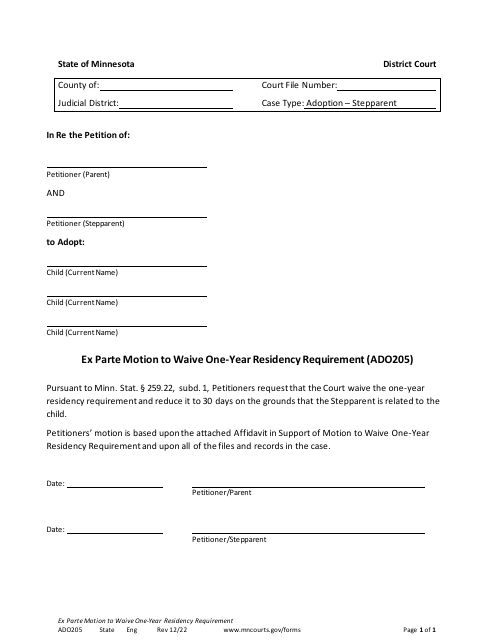 Form ADO205 Ex Parte Motion to Waive One-Year Residency Requirement - Minnesota