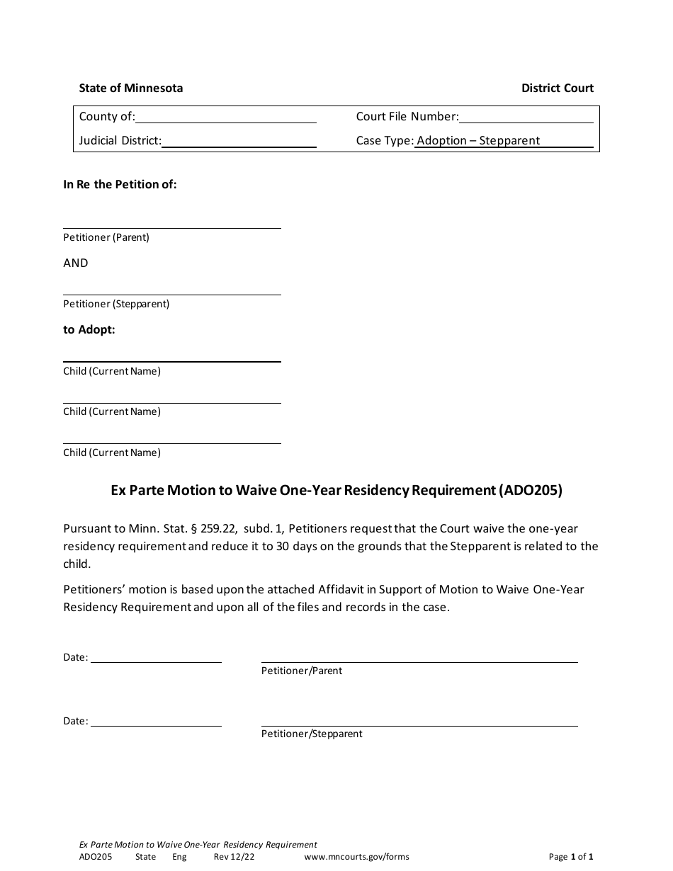 Form ADO205 Ex Parte Motion to Waive One-Year Residency Requirement - Minnesota, Page 1