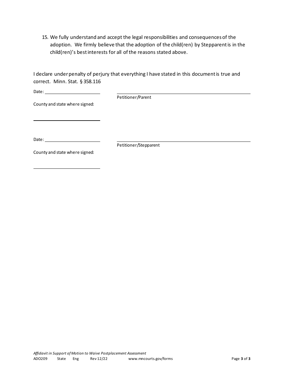 Form Ado209 Download Printable Pdf Or Fill Online Affidavit In Support Of Motion To Waive 3648