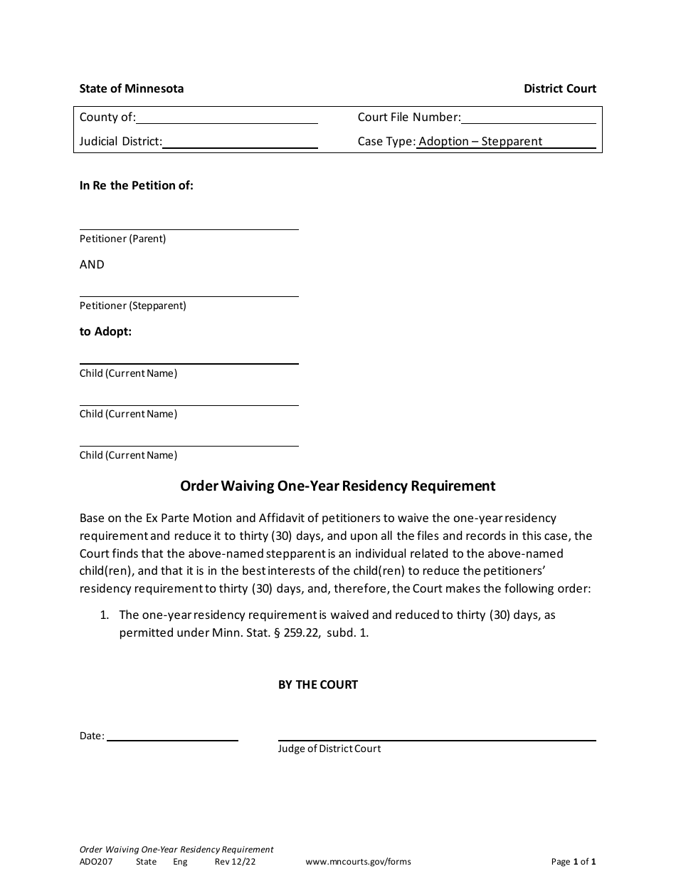 Form ADO207 Order Waiving One-Year Residency Requirement - Minnesota, Page 1