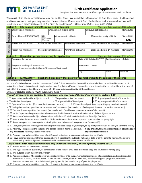 Birth Certificate Application - Minnesota Download Pdf