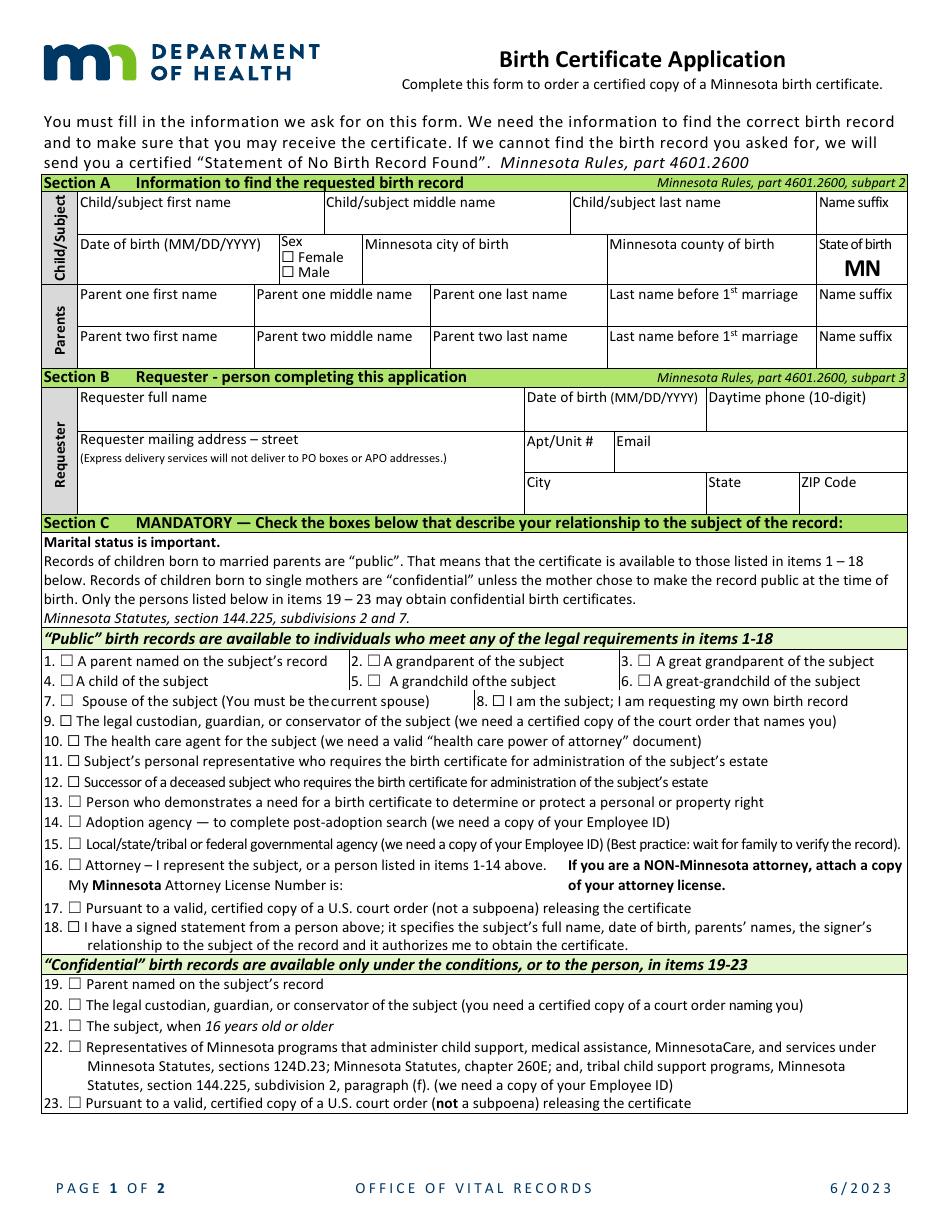 Birth Certificate Application - Minnesota, Page 1