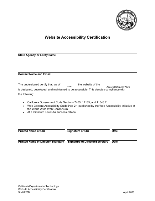 Form SIMM25B Website Accessibility Certification - California