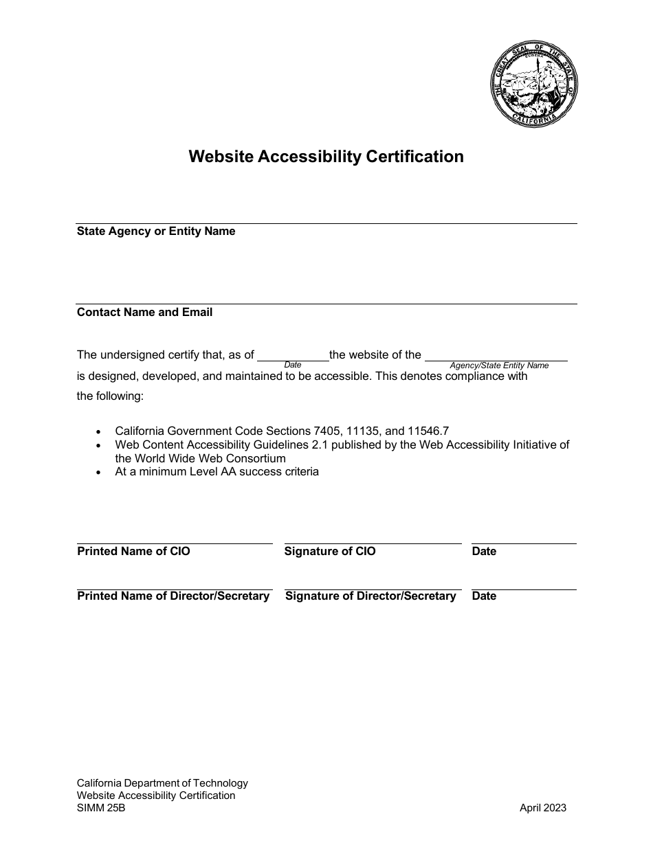 Form SIMM25B Website Accessibility Certification - California, Page 1