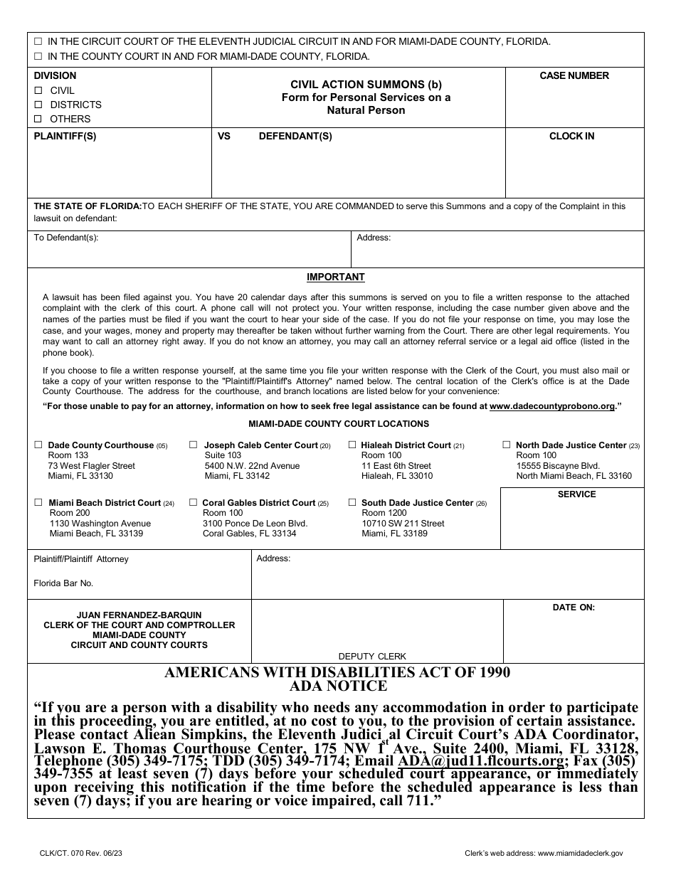 Form CLK/CT.070 Civil Action Summons (B) Form for Personal Services on a Natural Person - Miami-Dade County, Florida (English/Spanish/French/Haitian Creole), Page 1