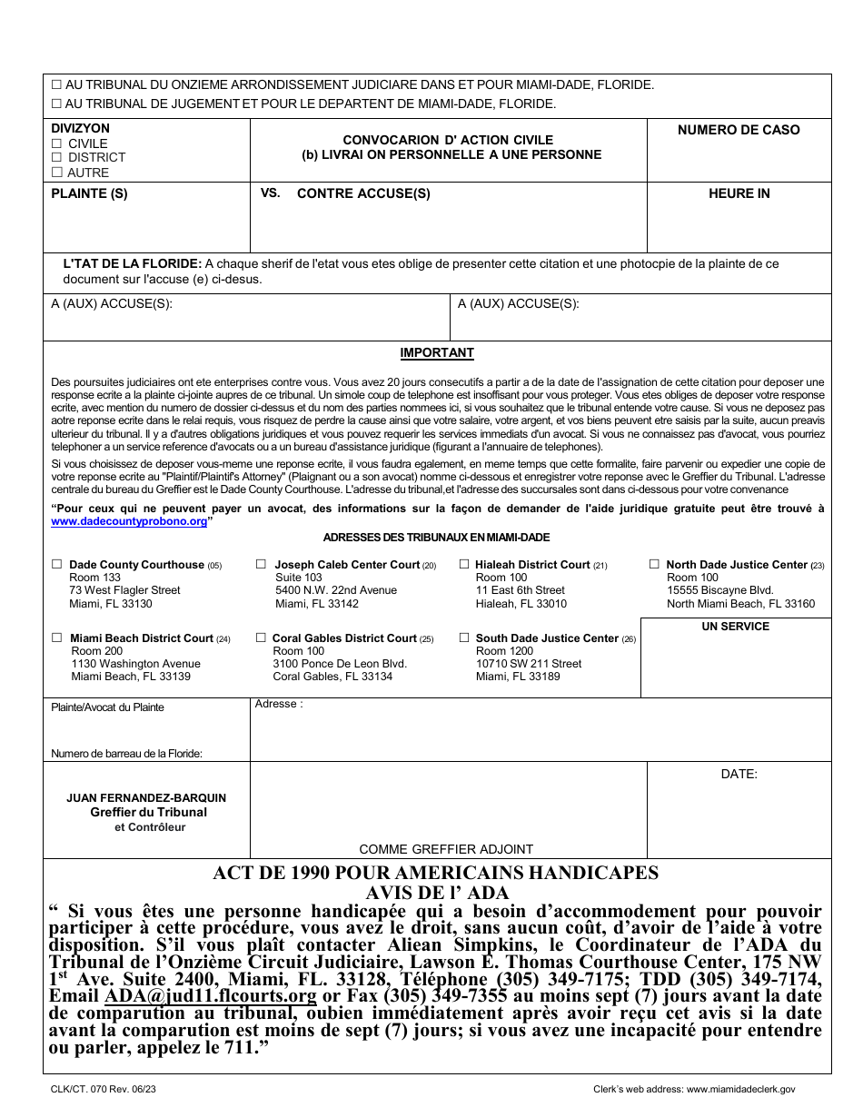 Form CLK / CT.070 Civil Action Summons (B) Form for Personal Services on a Natural Person - Miami-Dade County, Florida (English / Spanish / French / Haitian Creole), Page 3