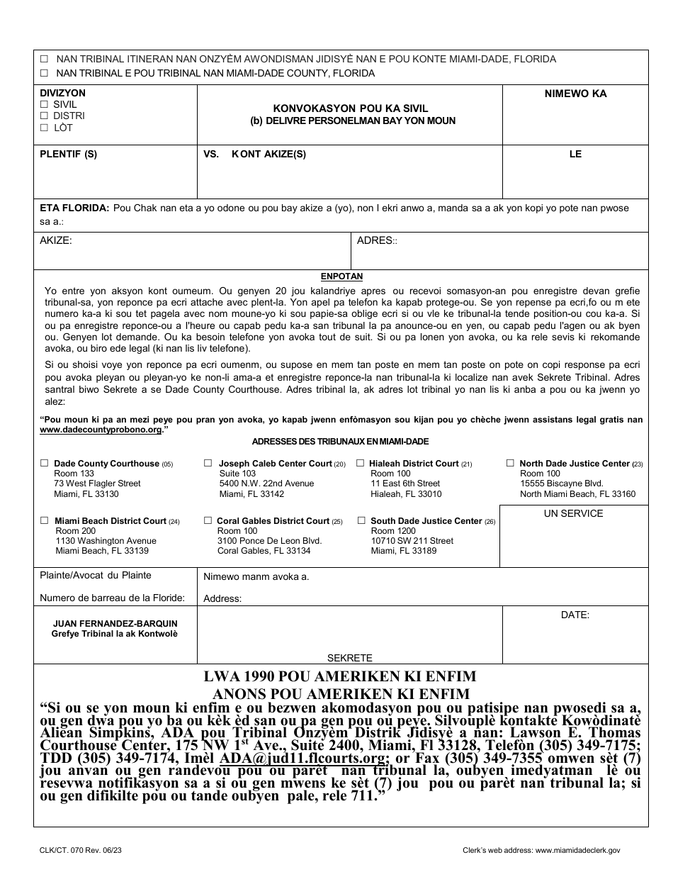 Form CLK / CT.070 Civil Action Summons (B) Form for Personal Services on a Natural Person - Miami-Dade County, Florida (English / Spanish / French / Haitian Creole), Page 4