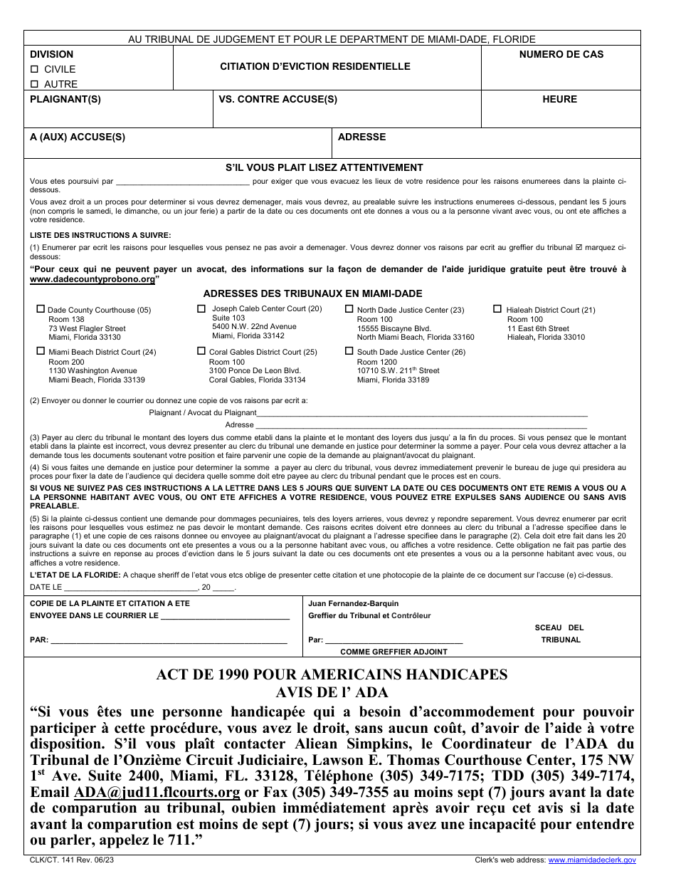 Form CLK / CT.141 Residential Eviction Summons - Miami-Dade County, Florida (English / Spanish / French / Haitian Creole), Page 3