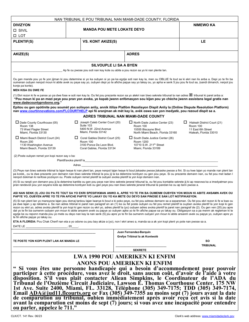 Form CLK / CT.141 Residential Eviction Summons - Miami-Dade County, Florida (English / Spanish / French / Haitian Creole), Page 4