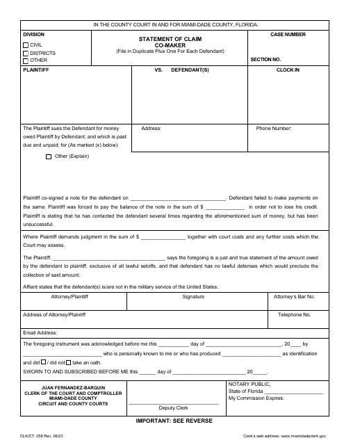 Form CLK/CT.058 Statement of Claim - Co-maker - Miami-Dade County, Florida