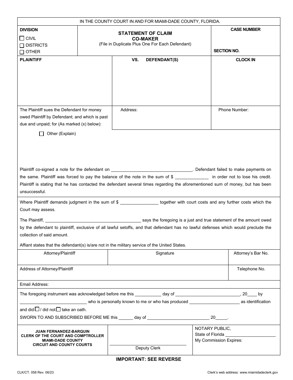 Form CLK / CT.058 Statement of Claim - Co-maker - Miami-Dade County, Florida, Page 1