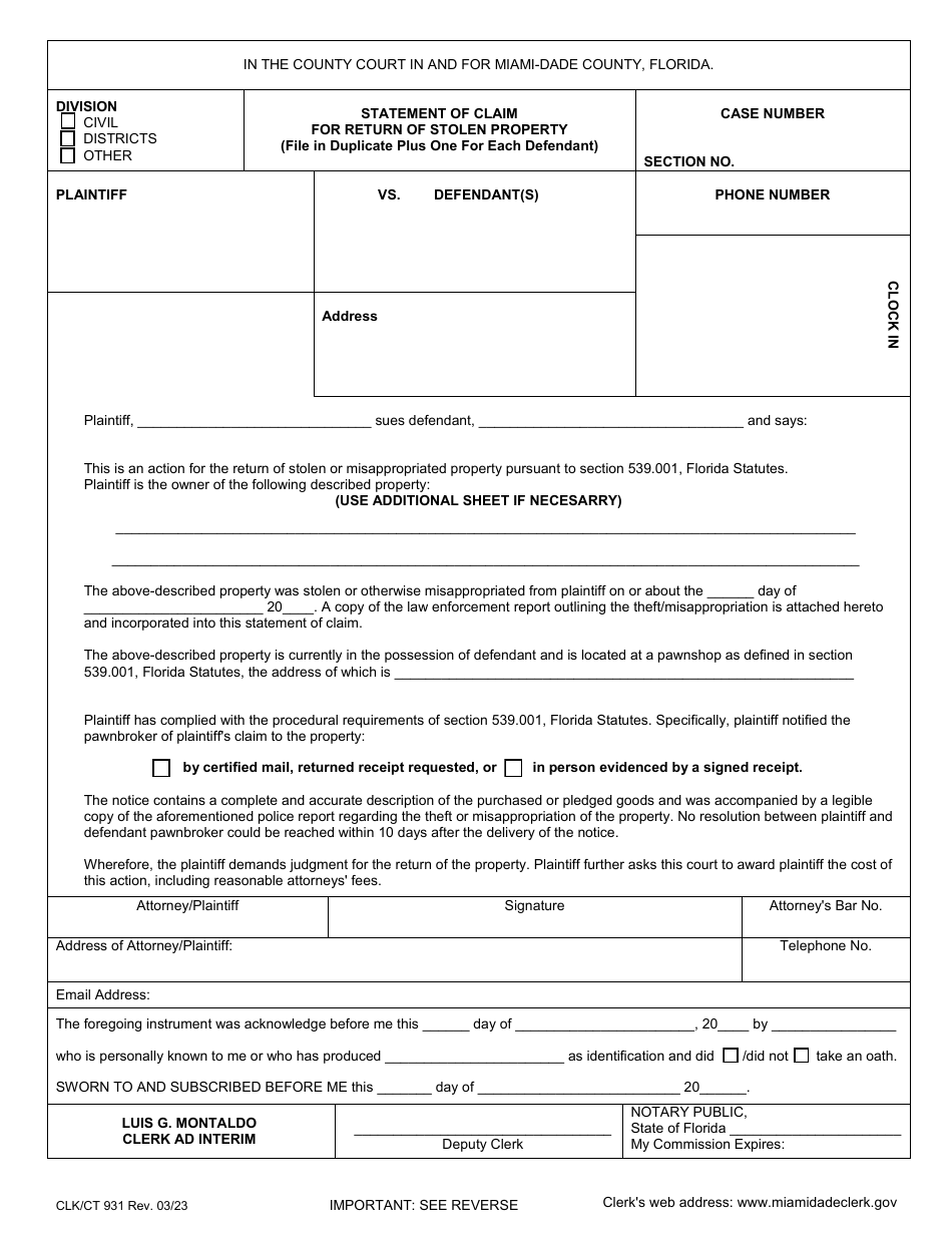 Form CLK / CT931 Statement of Claim for Return of Stolen Property - Miami-Dade County, Florida, Page 1