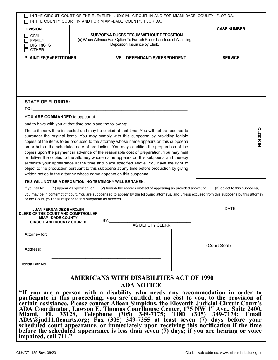 Form CLK/CT.139 Subpoena Duces Tecum Without Deposition - (A) When Witness Has Option to Furnish Records Instead of Attending Deposition; Issuance by Clerk - Miami-Dade County, Florida, Page 1