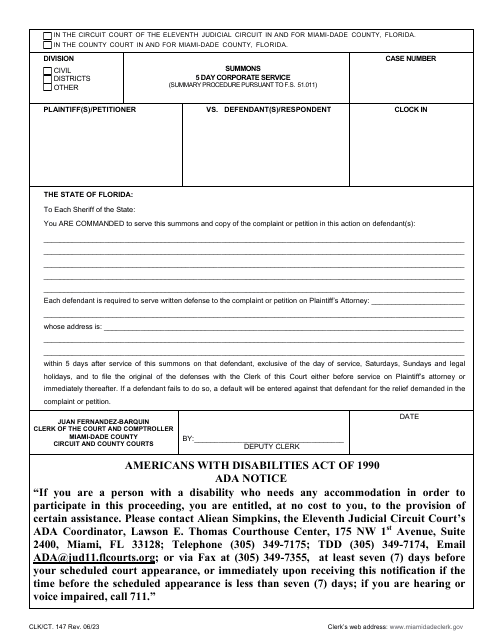 Form CLK/CT.147 Summons 5 Day Corporate Service - Miami-Dade County, Florida