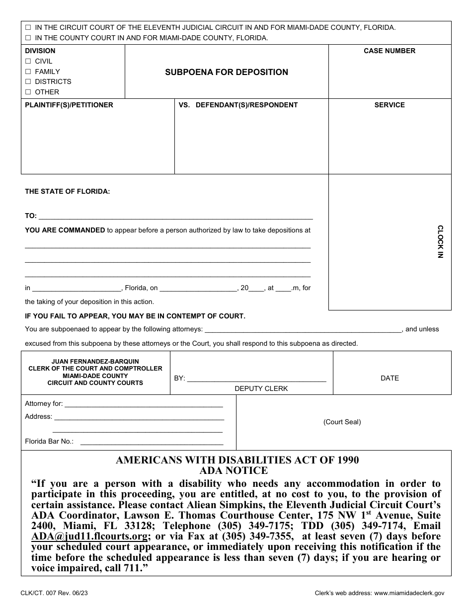 Form CLK / CT.007 Subpoena for Deposition - Miami-Dade County, Florida, Page 1