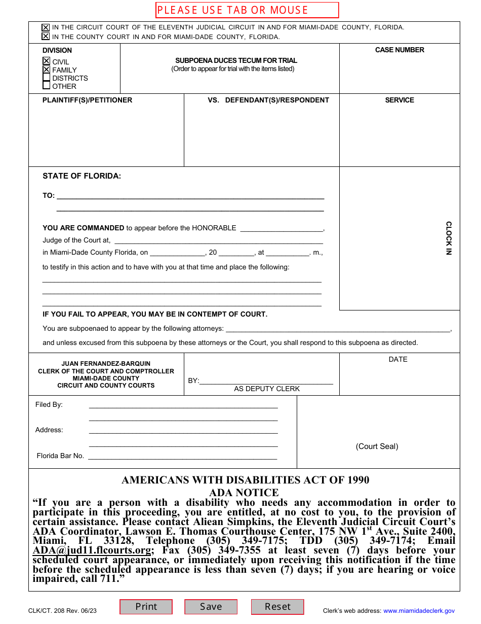 Form CLK / CT.208 Subpoena Duces Tecum for Trial - Miami-Dade County, Florida, Page 1