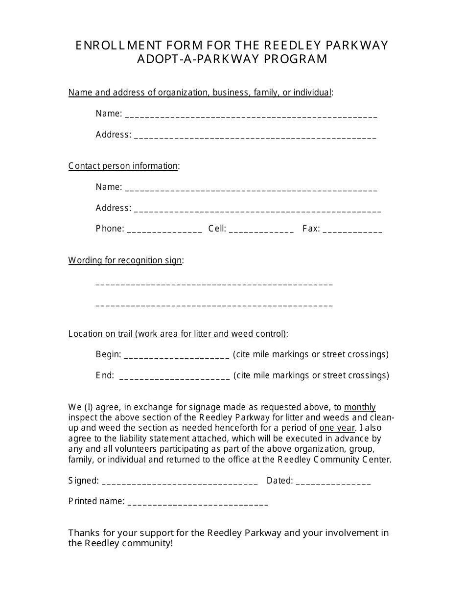 Enrollment Form for the Reedley Parkway Adopt-A-parkway Program - City of Reedley, California, Page 1