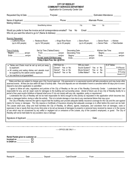 Application for Community Center Use - City of Reedley, California