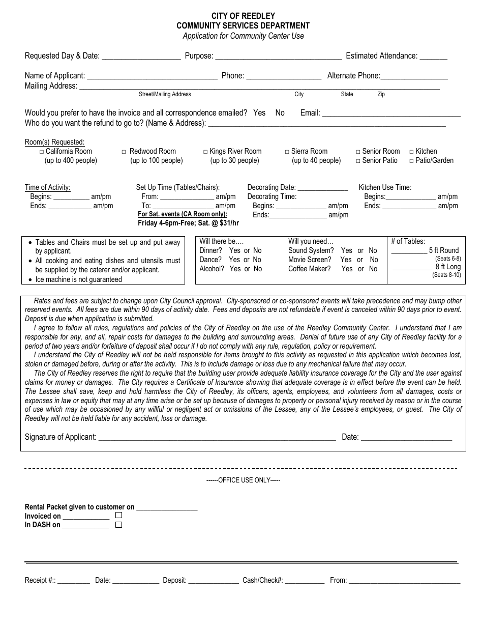 Application for Community Center Use - City of Reedley, California, Page 1