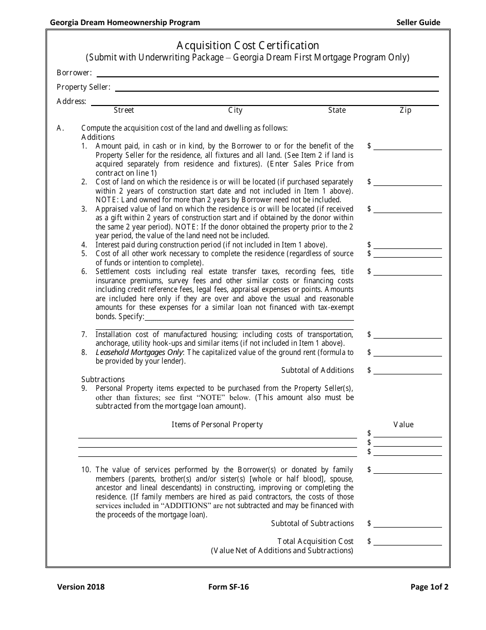 Form SF-16 Acquisition Cost Certification - Georgia Dream Homeownership Program - Georgia (United States), Page 1
