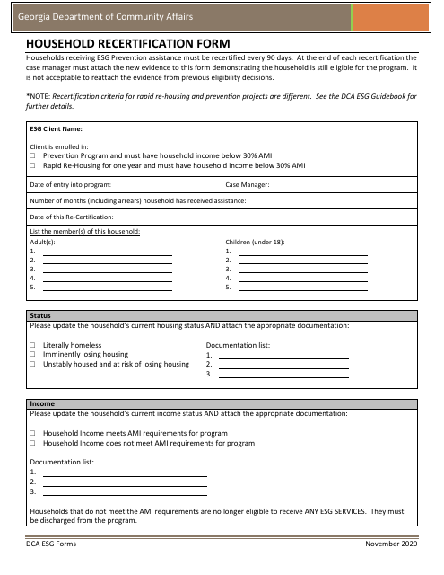 Household Recertification Form - Georgia (United States) Download Pdf