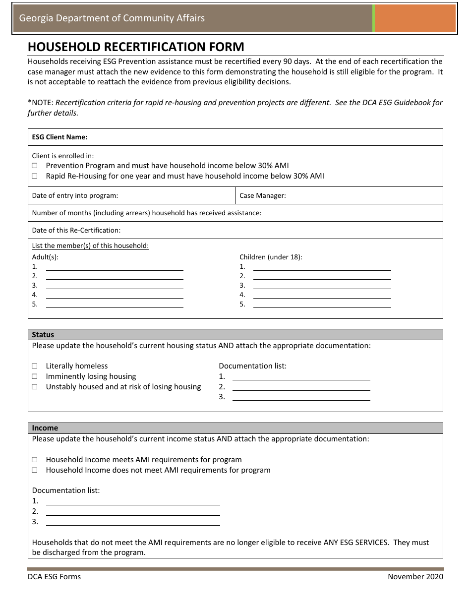 Household Recertification Form - Georgia (United States), Page 1