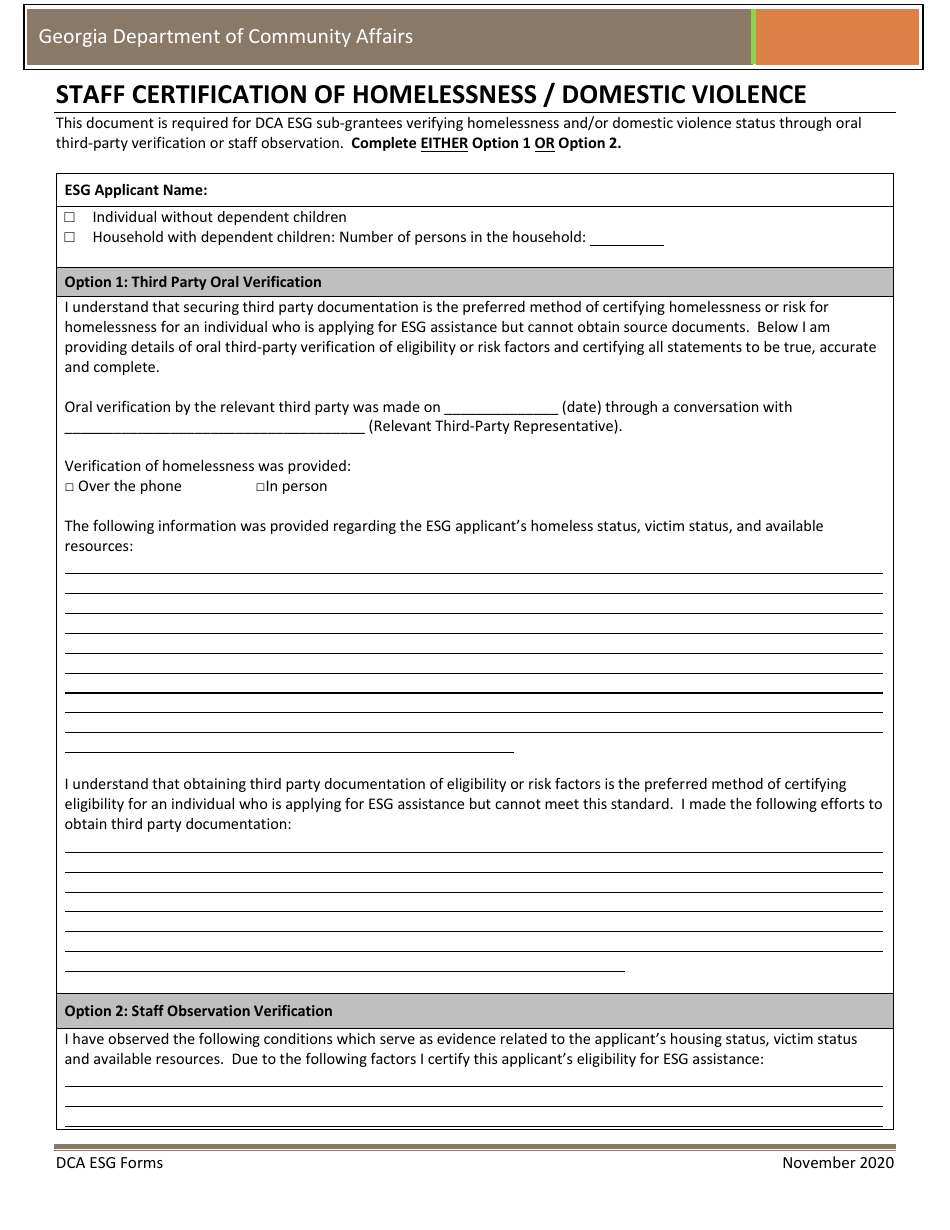 Staff Certification of Homelessness / Domestic Violence - Georgia (United States), Page 1