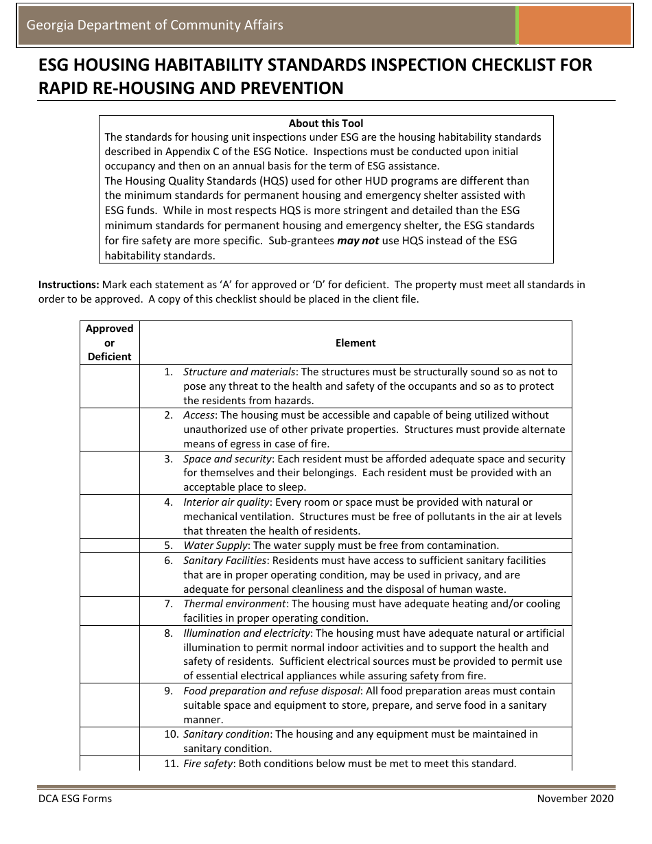 Esg Housing Habitability Standards Inspection Checklist for Rapid Re-housing and Prevention - Georgia (United States), Page 1