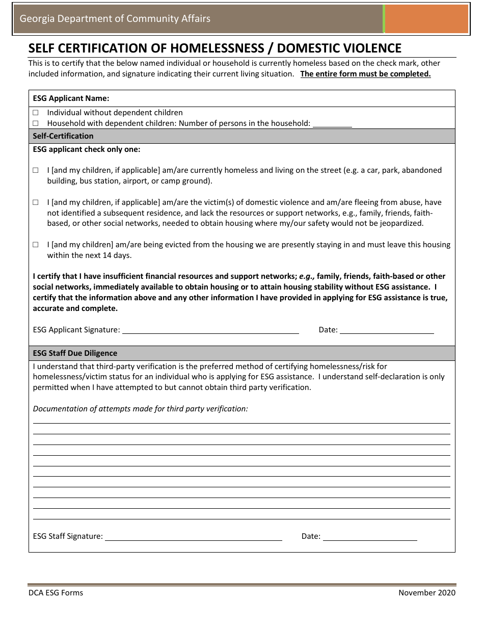 Self Certification of Homelessness / Domestic Violence - Georgia (United States), Page 1