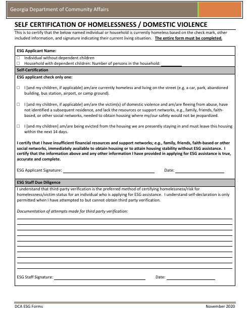 Self Certification of Homelessness / Domestic Violence - Georgia (United States) Download Pdf