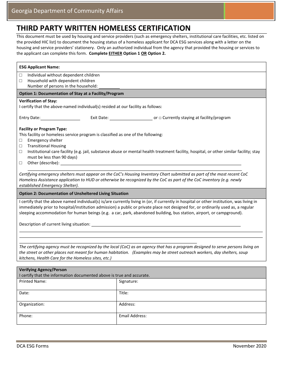 Third Party Written Homeless Certification - Georgia (United States), Page 1
