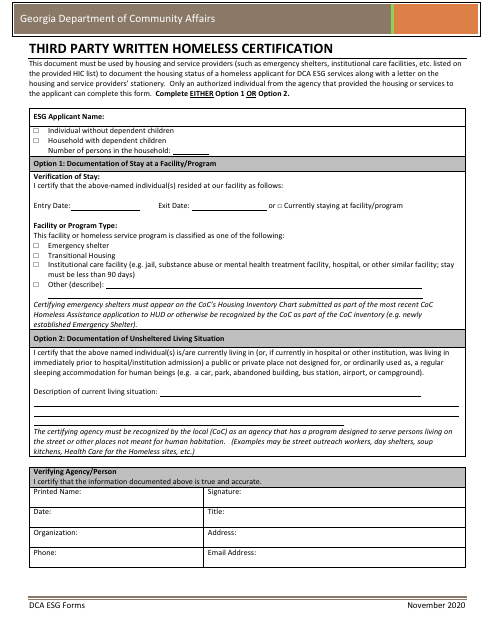 Third Party Written Homeless Certification - Georgia (United States) Download Pdf