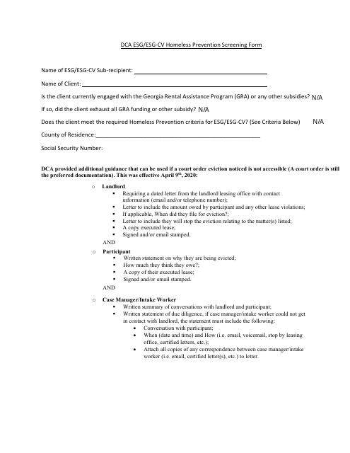 Dca Esg / Esg-Cv Homeless Prevention Screening Form - Georgia (United States) Download Pdf