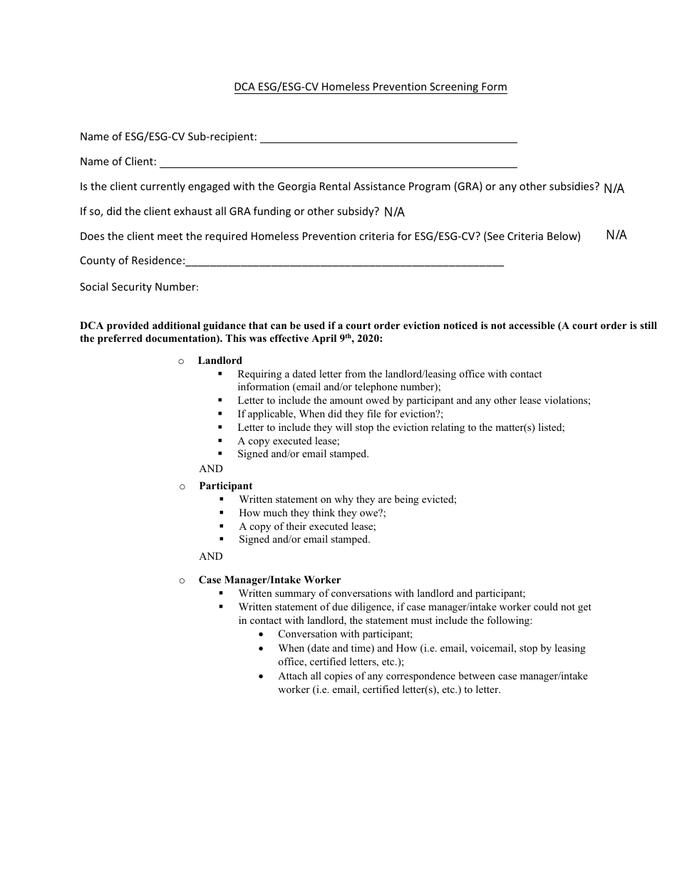 Dca Esg / Esg-Cv Homeless Prevention Screening Form - Georgia (United States), Page 1