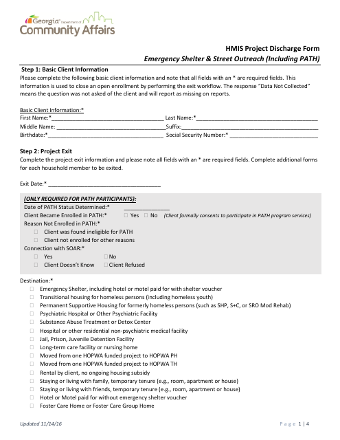 Hmis Project Discharge Form - Transitional or Permanent Housing, Services Only & Prevention - Georgia (United States)